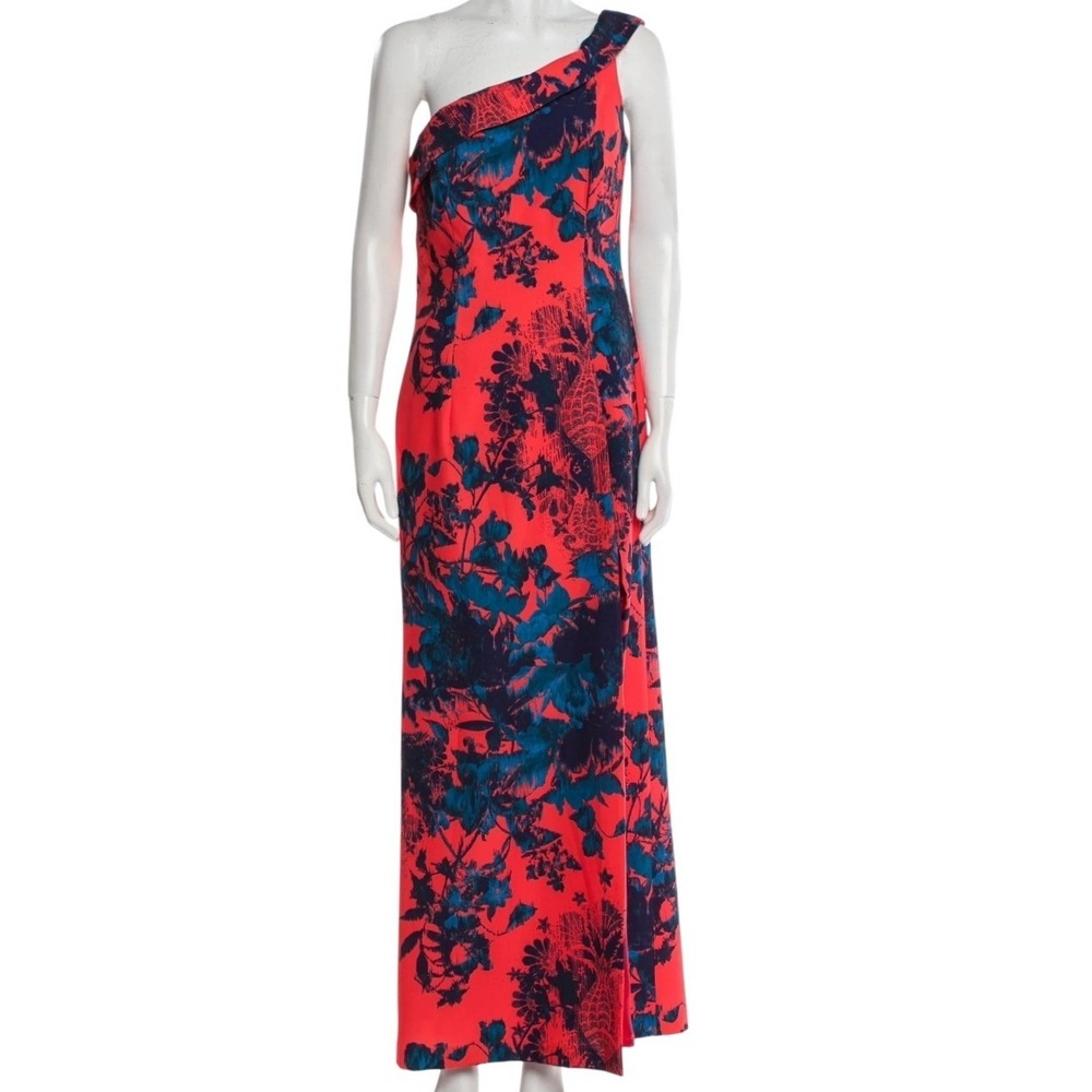 Black Halo Eve Laurel Berman One Shoulder Formal Gown‎ Dress 2 Floral Coral Navy